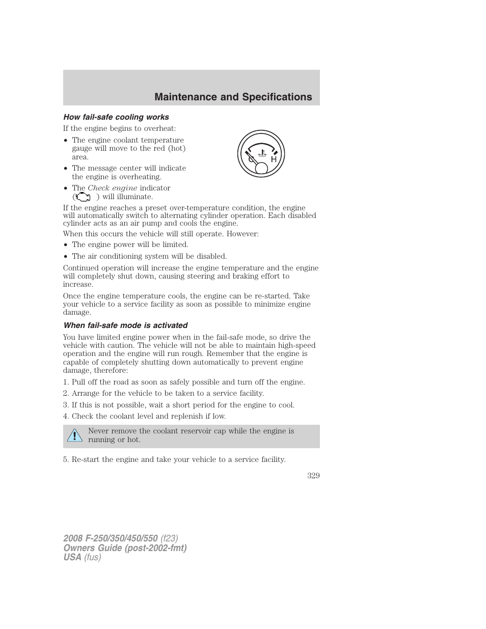 How fail-safe cooling works, When fail-safe mode is activated, Maintenance and specifications | FORD 2008 F-550 v.2 User Manual | Page 329 / 368