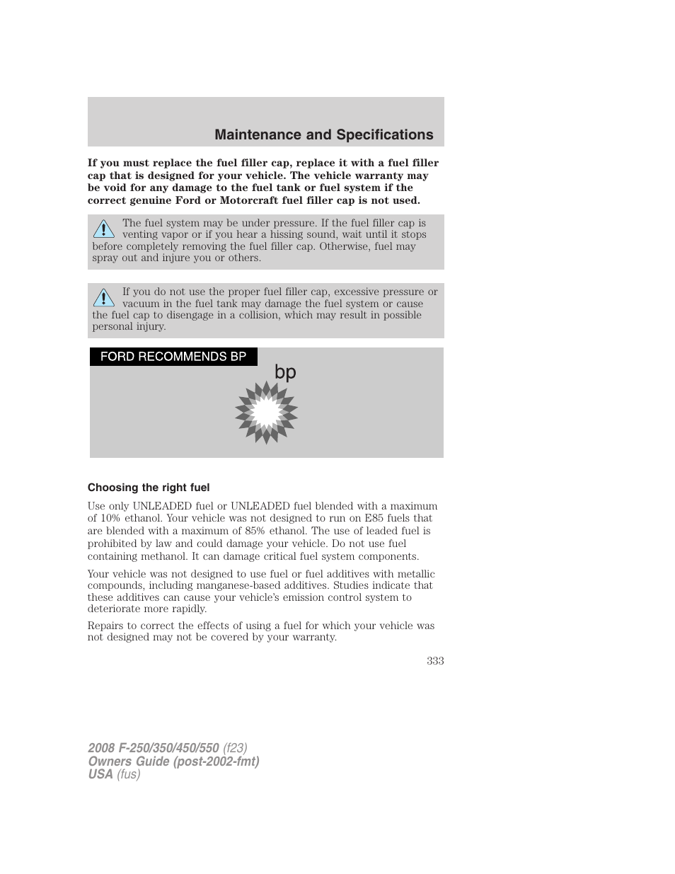 Choosing the right fuel, Maintenance and specifications | FORD 2008 F-550 v.2 User Manual | Page 333 / 368