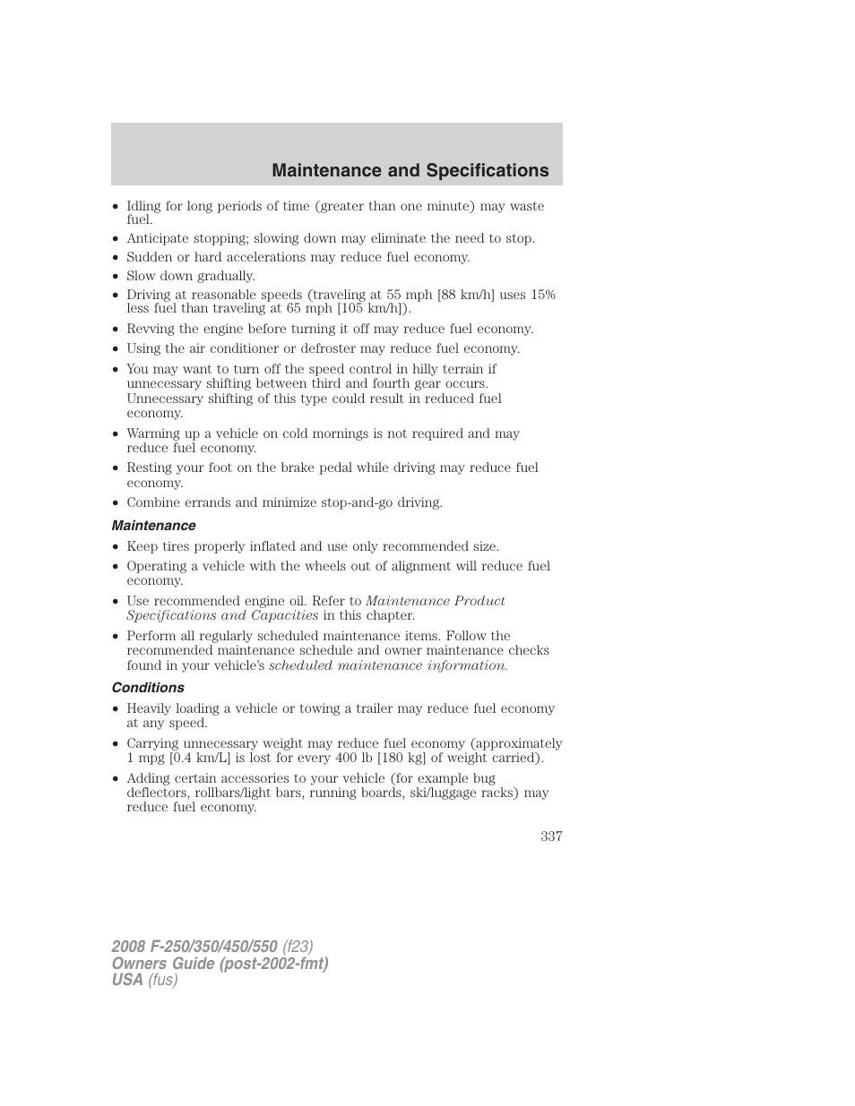 Maintenance, Conditions, Maintenance and specifications | FORD 2008 F-550 v.2 User Manual | Page 337 / 368