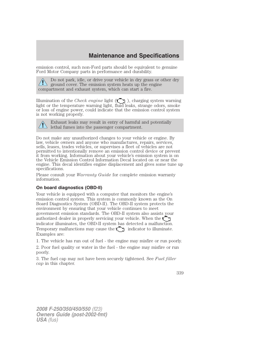 On board diagnostics (obd-ii), Maintenance and specifications | FORD 2008 F-550 v.2 User Manual | Page 339 / 368
