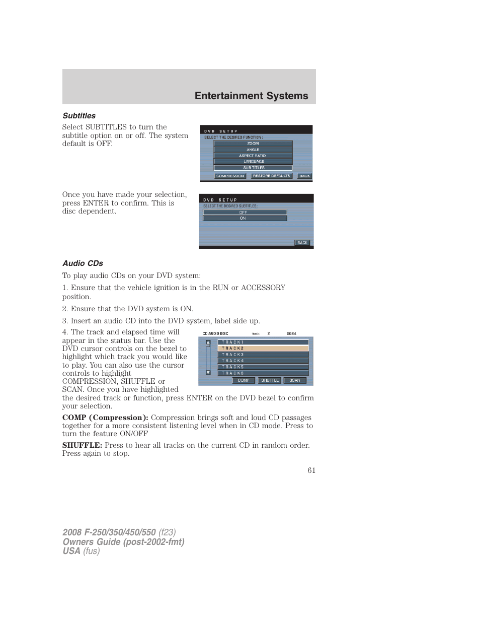 Subtitles, Audio cds, Entertainment systems | FORD 2008 F-550 v.2 User Manual | Page 61 / 368