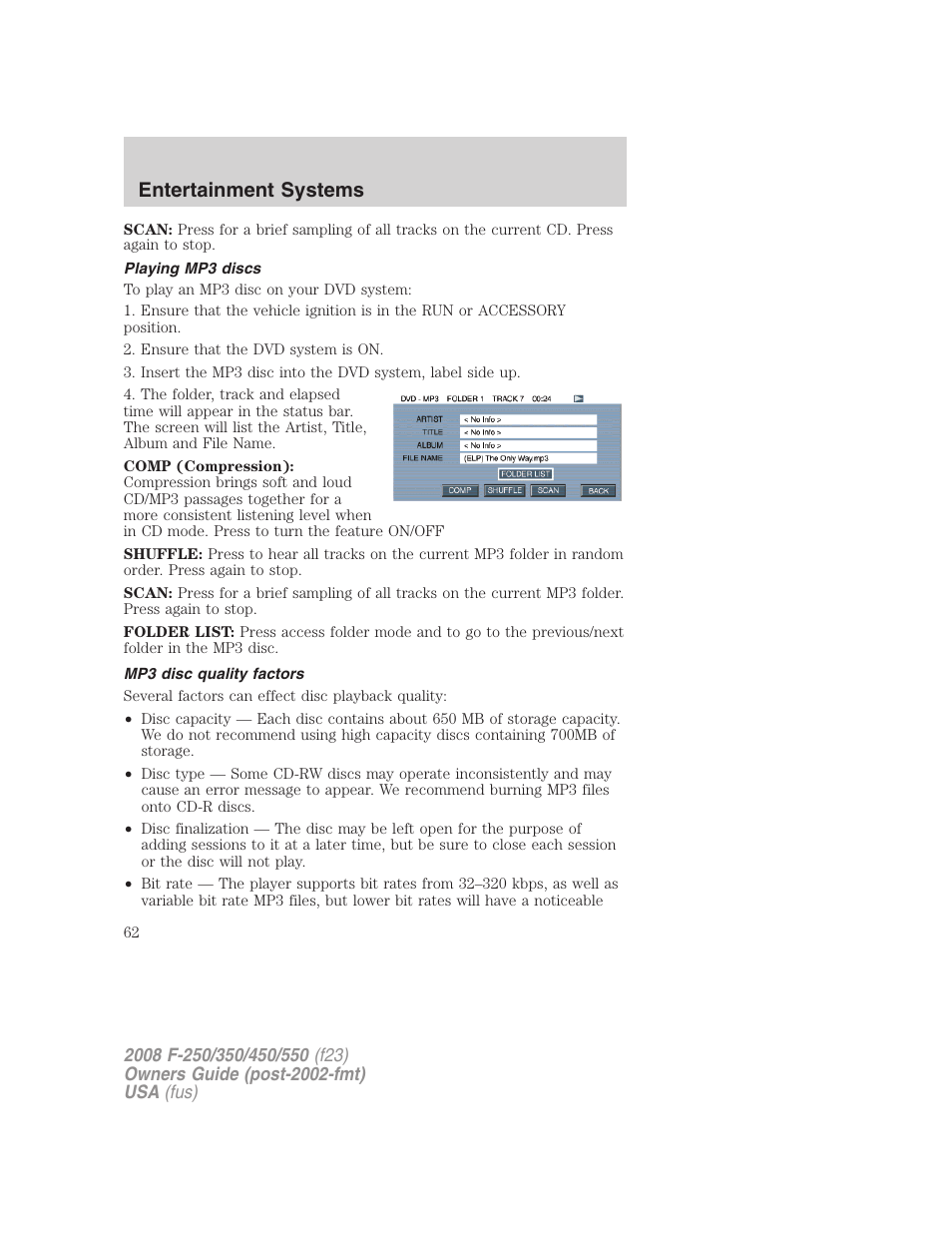 Playing mp3 discs, Mp3 disc quality factors, Entertainment systems | FORD 2008 F-550 v.2 User Manual | Page 62 / 368