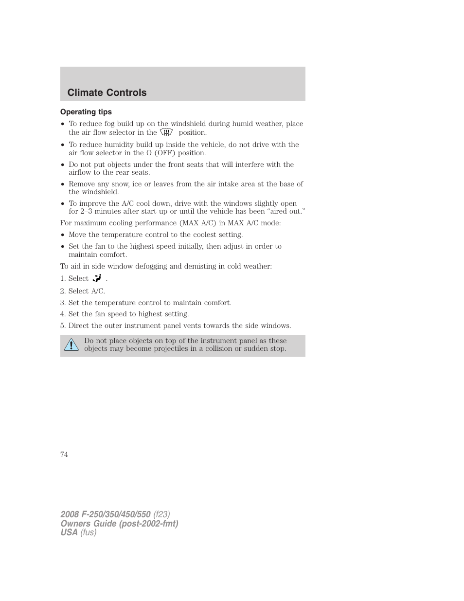 Operating tips, Climate controls | FORD 2008 F-550 v.2 User Manual | Page 74 / 368