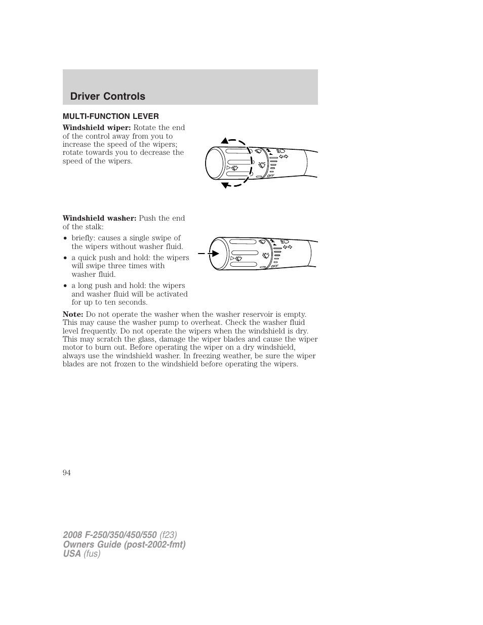 Driver controls, Multi-function lever, Windshield wiper/washer control | FORD 2008 F-550 v.2 User Manual | Page 94 / 368