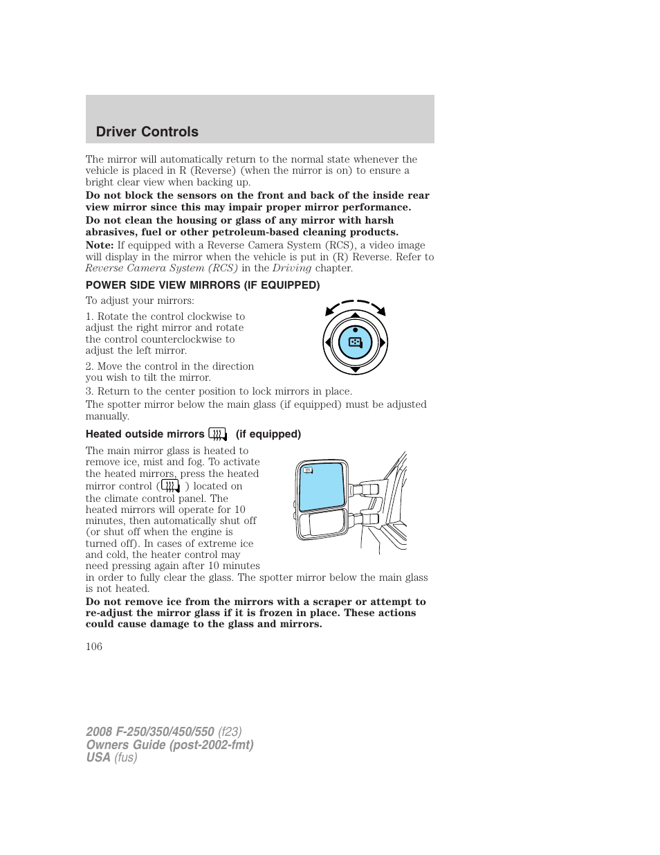 Power side view mirrors (if equipped), Heated outside mirrors (if equipped), Driver controls | FORD 2008 F-550 v.3 User Manual | Page 106 / 392
