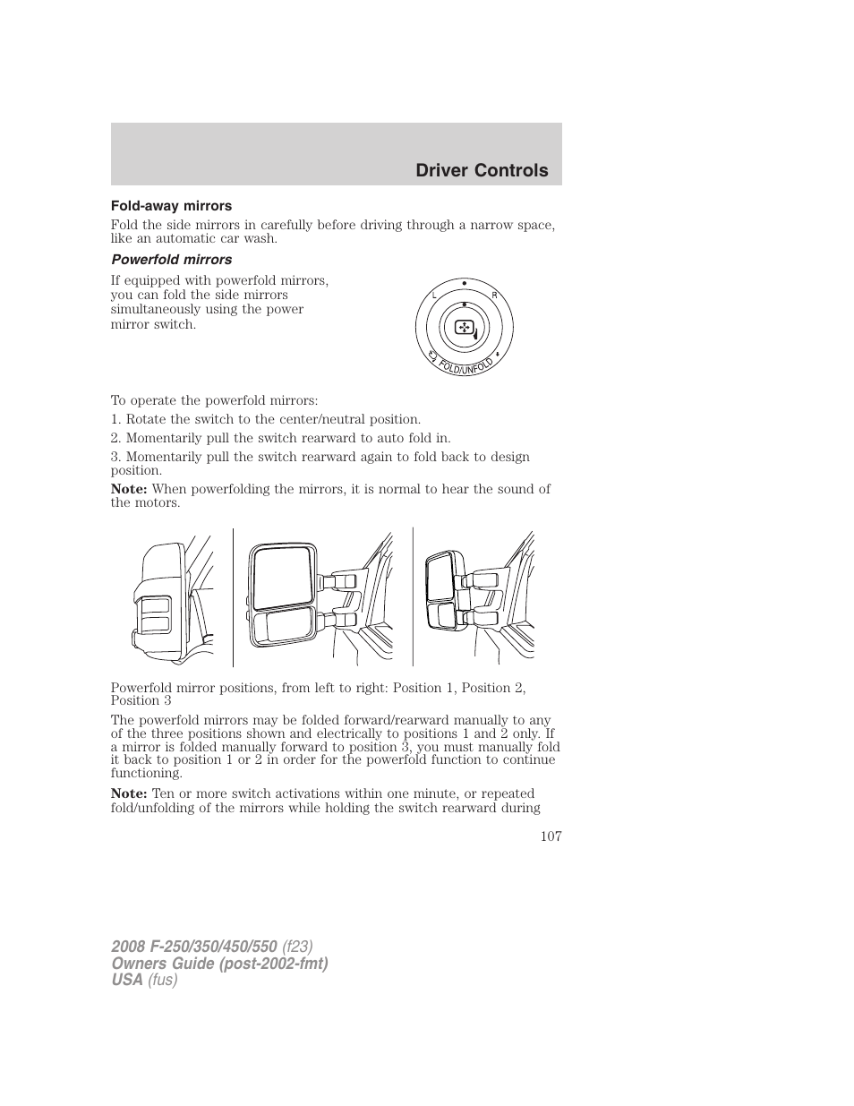 Fold-away mirrors, Powerfold mirrors, Driver controls | FORD 2008 F-550 v.3 User Manual | Page 107 / 392
