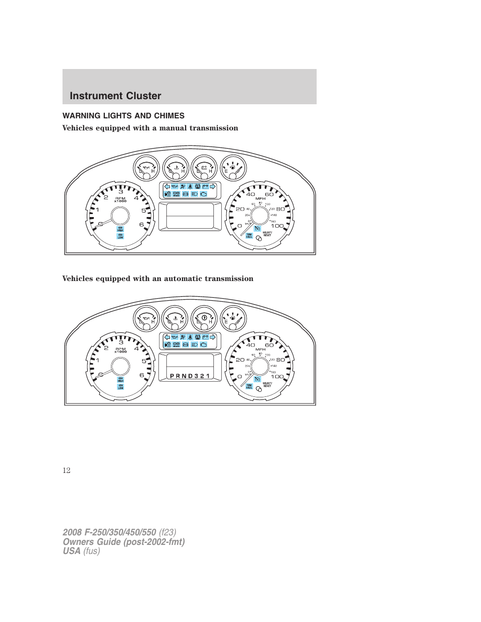 Instrument cluster, Warning lights and chimes | FORD 2008 F-550 v.3 User Manual | Page 12 / 392