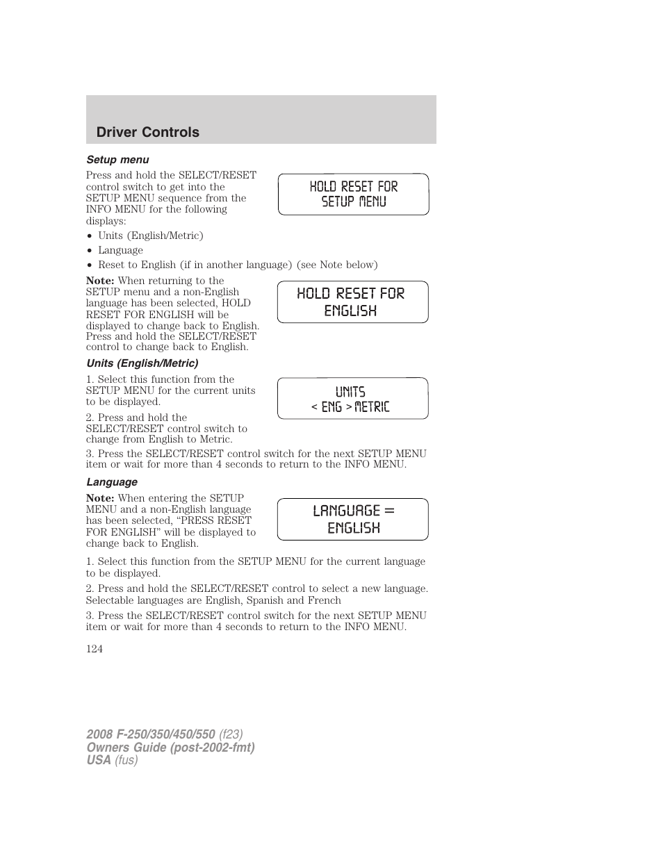 Setup menu, Units (english/metric), Language | Driver controls | FORD 2008 F-550 v.3 User Manual | Page 124 / 392