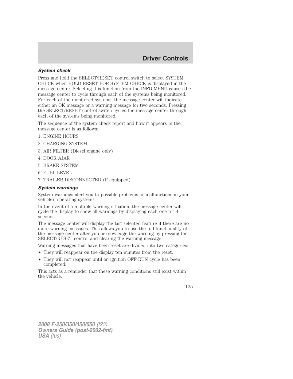 System check, System warnings, Driver controls | FORD 2008 F-550 v.3 User Manual | Page 125 / 392