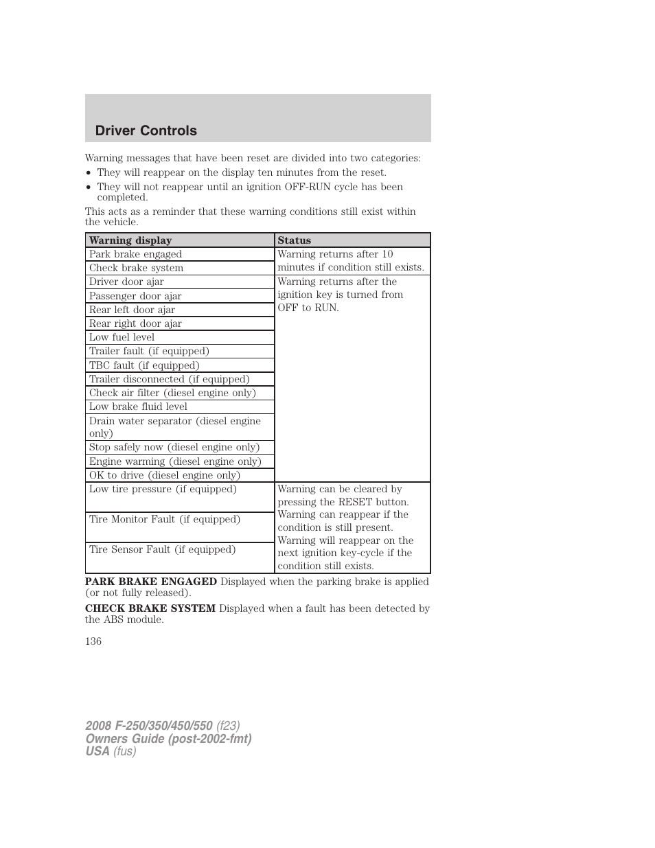 Driver controls | FORD 2008 F-550 v.3 User Manual | Page 136 / 392
