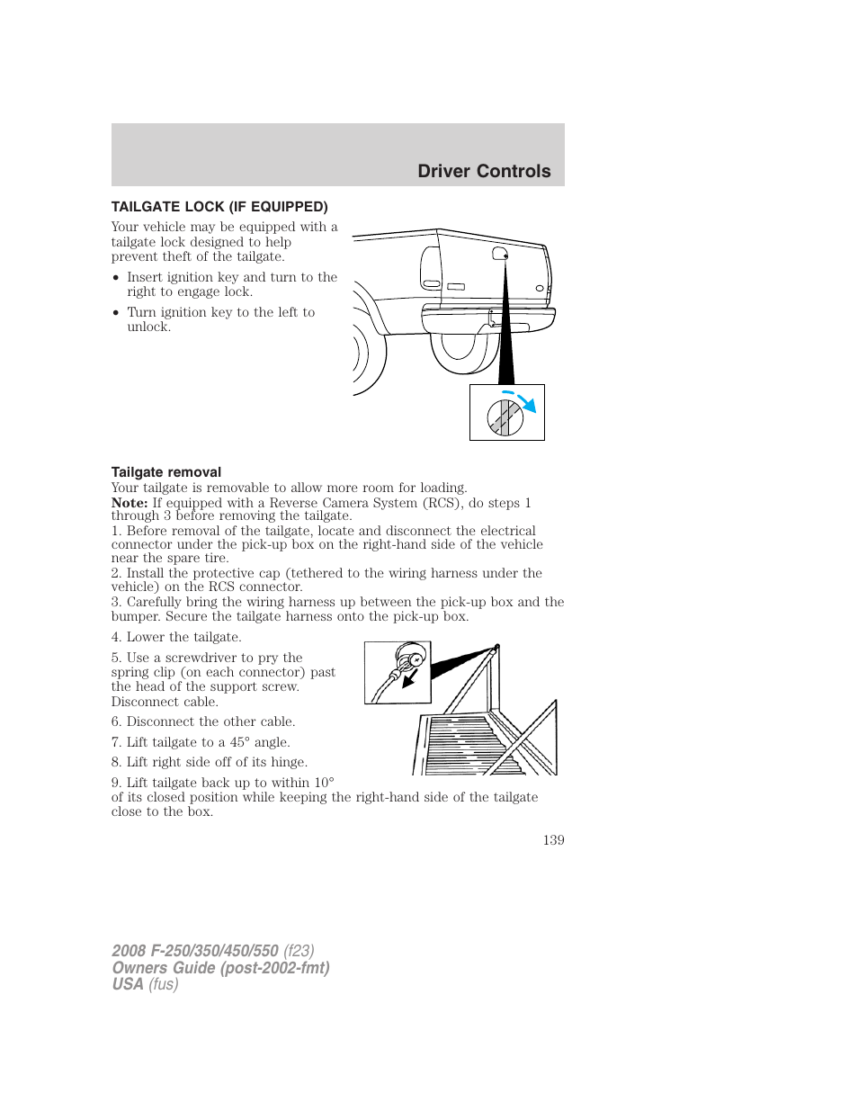 Tailgate lock (if equipped), Tailgate removal, Tailgate | Driver controls | FORD 2008 F-550 v.3 User Manual | Page 139 / 392