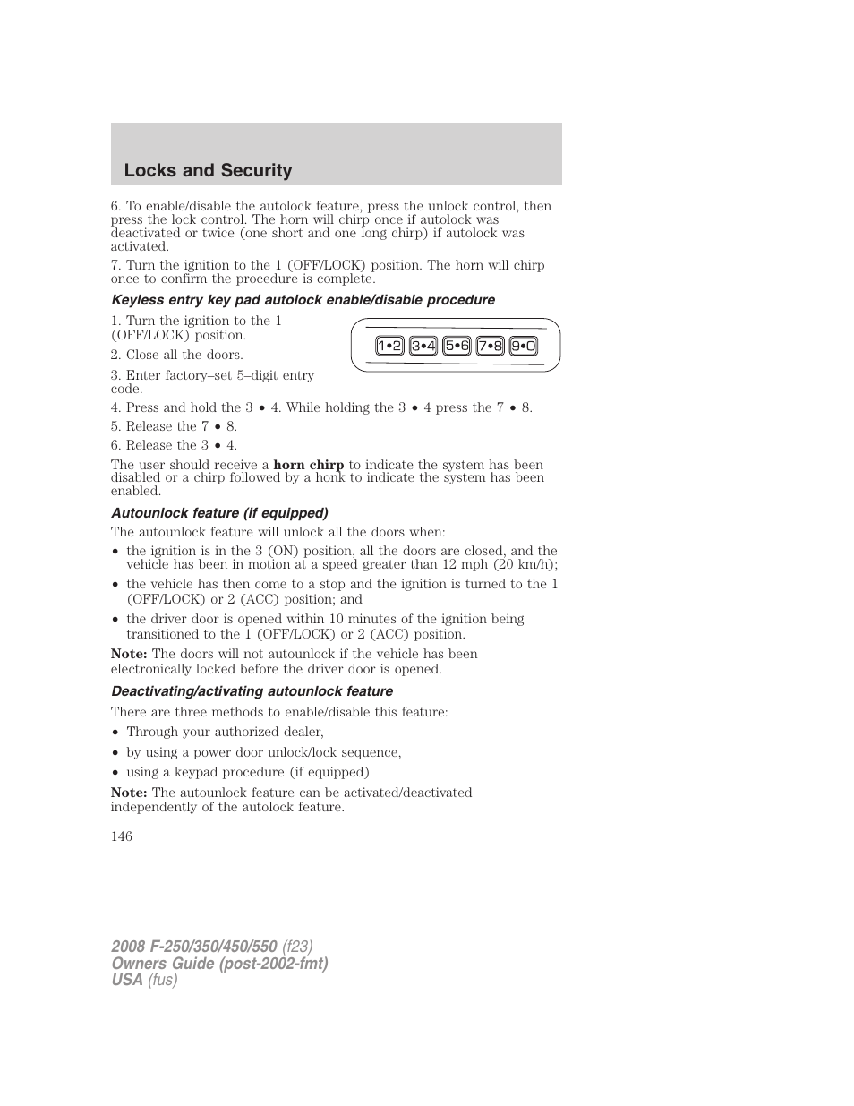 Autounlock feature (if equipped), Deactivating/activating autounlock feature, Locks and security | FORD 2008 F-550 v.3 User Manual | Page 146 / 392