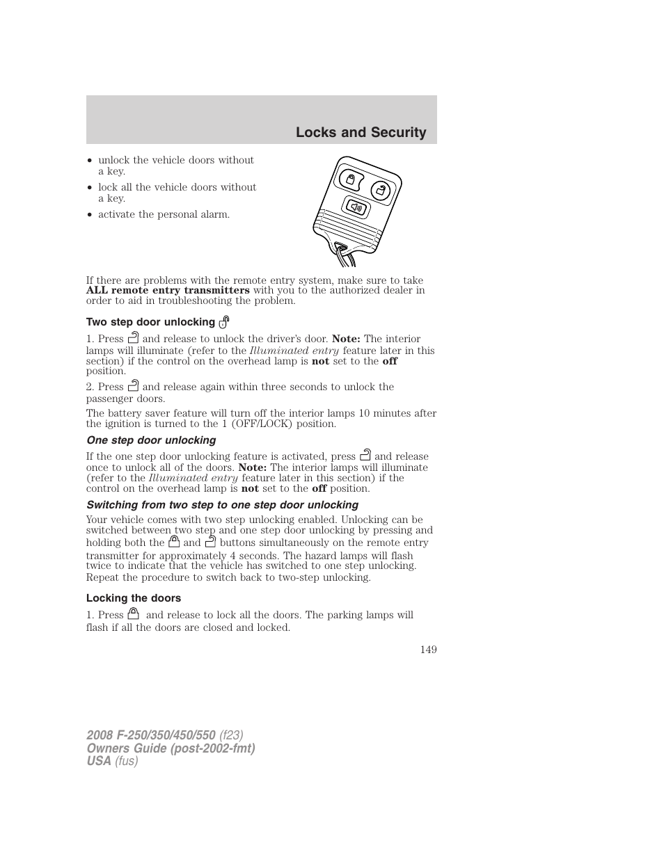 Two step door unlocking, One step door unlocking, Switching from two step to one step door unlocking | Locking the doors, Locks and security | FORD 2008 F-550 v.3 User Manual | Page 149 / 392