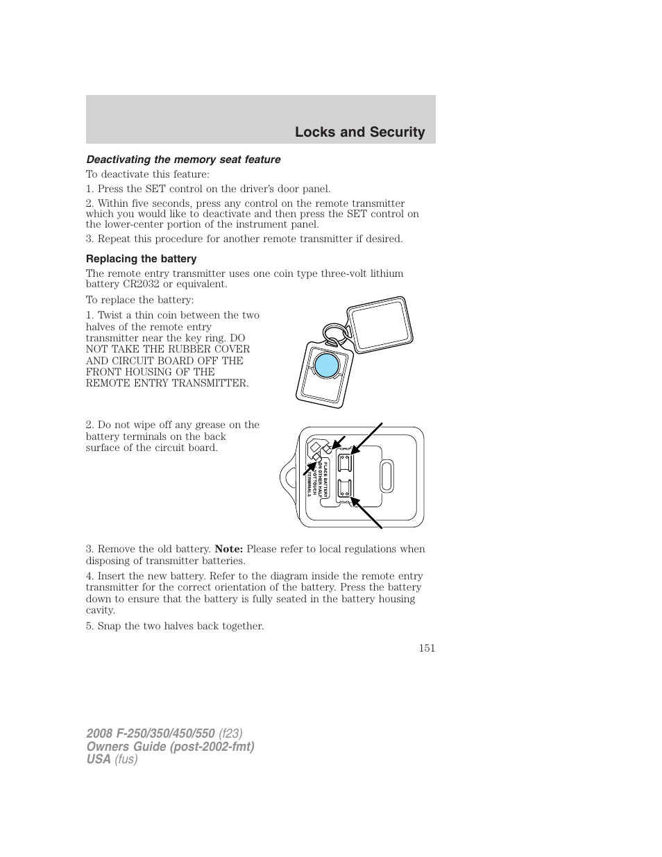 Deactivating the memory seat feature, Replacing the battery, Locks and security | FORD 2008 F-550 v.3 User Manual | Page 151 / 392