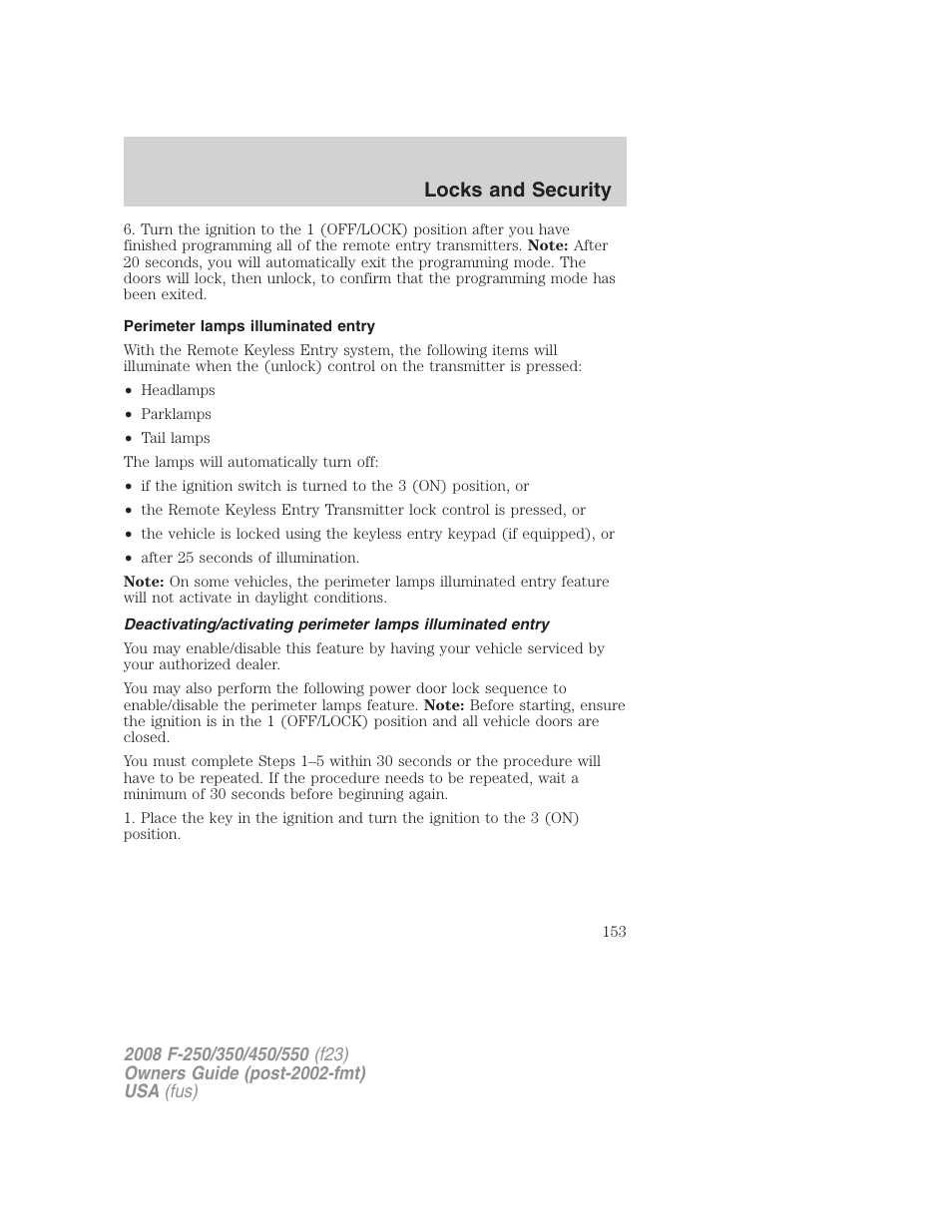 Perimeter lamps illuminated entry, Locks and security | FORD 2008 F-550 v.3 User Manual | Page 153 / 392