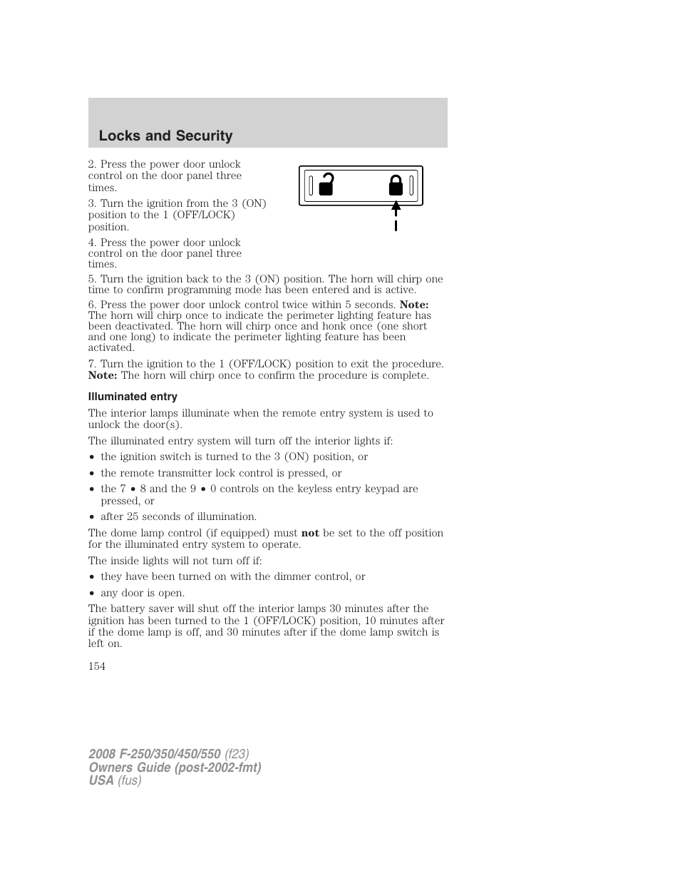 Illuminated entry, Locks and security | FORD 2008 F-550 v.3 User Manual | Page 154 / 392