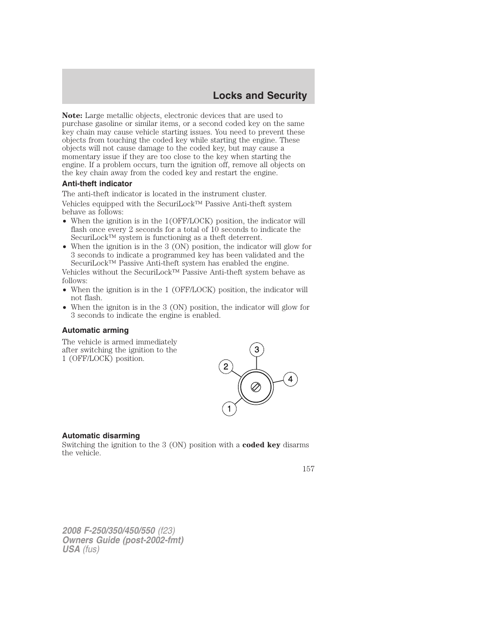 Anti-theft indicator, Automatic arming, Automatic disarming | Locks and security | FORD 2008 F-550 v.3 User Manual | Page 157 / 392