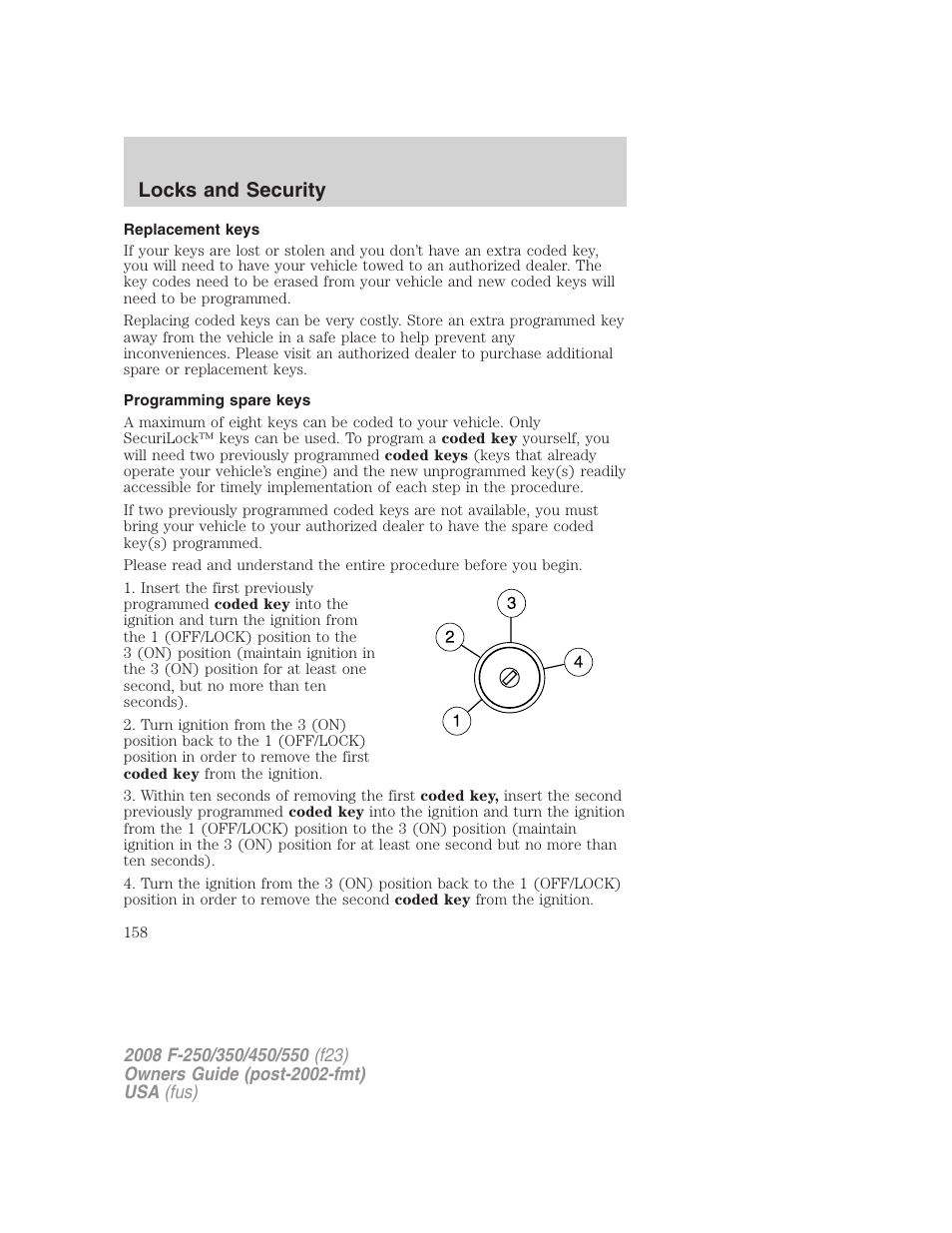 Replacement keys, Programming spare keys, Locks and security | FORD 2008 F-550 v.3 User Manual | Page 158 / 392