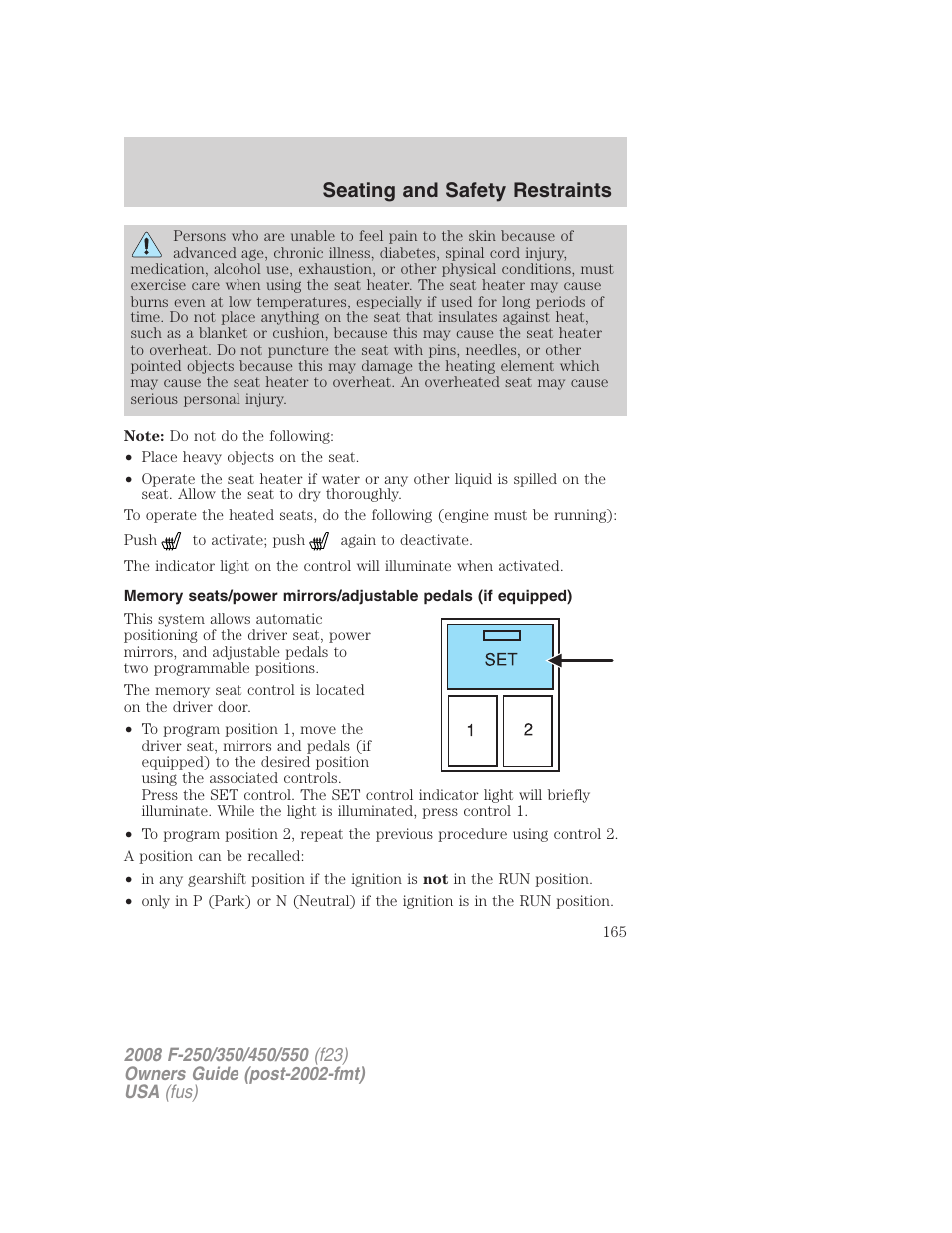 Seating and safety restraints | FORD 2008 F-550 v.3 User Manual | Page 165 / 392