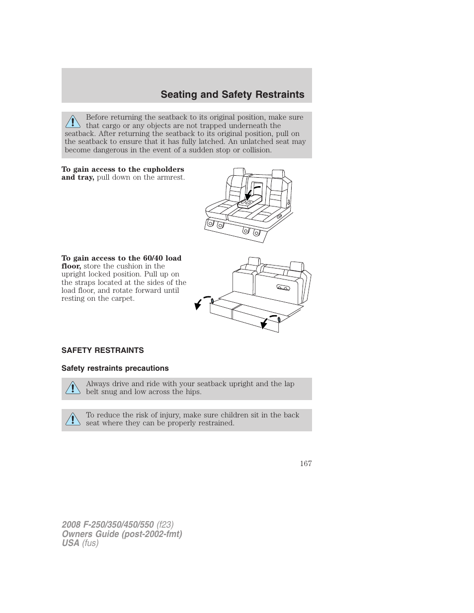 Safety restraints, Safety restraints precautions, Seating and safety restraints | FORD 2008 F-550 v.3 User Manual | Page 167 / 392
