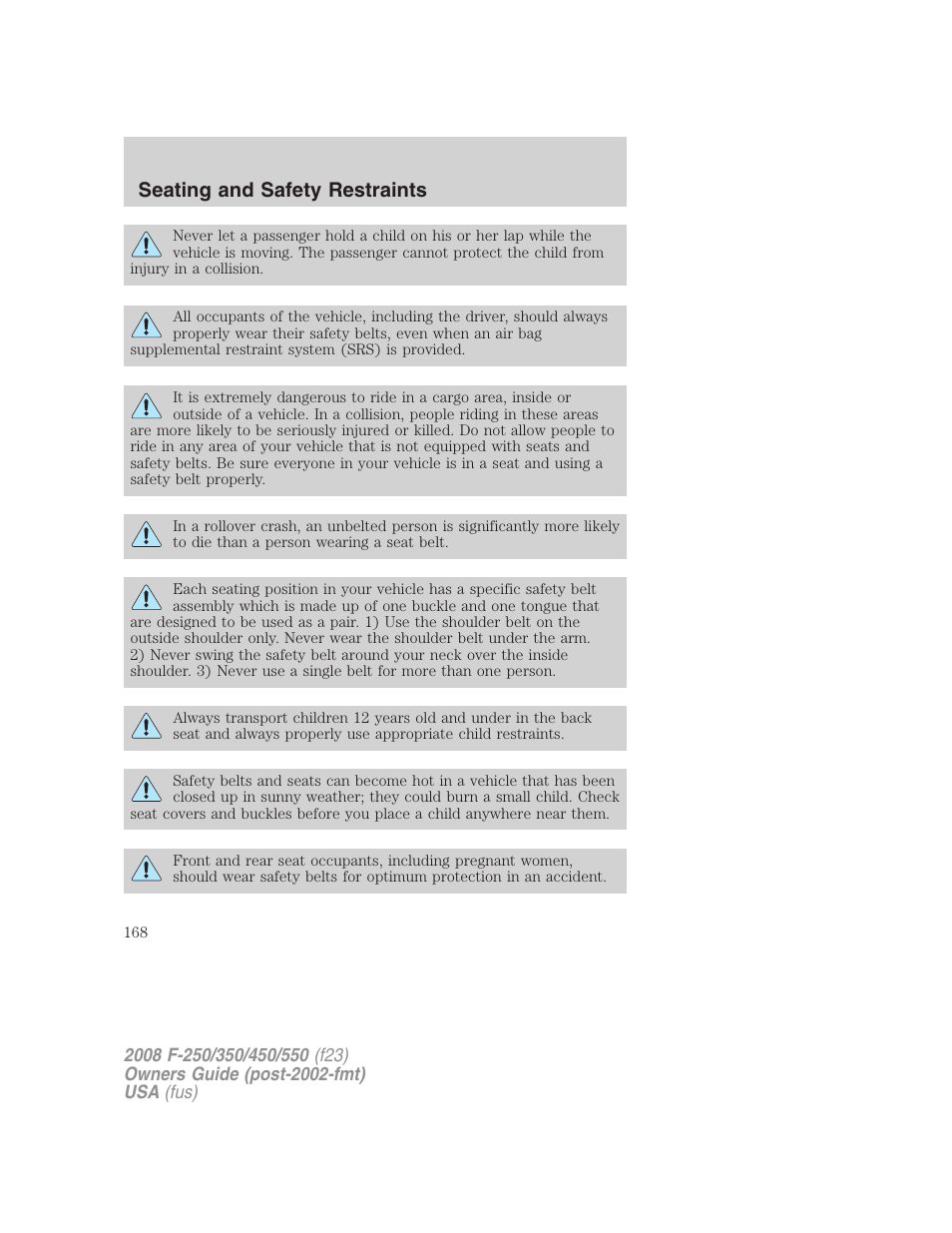 Seating and safety restraints | FORD 2008 F-550 v.3 User Manual | Page 168 / 392