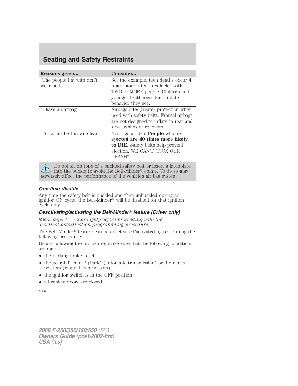 One-time disable, Seating and safety restraints | FORD 2008 F-550 v.3 User Manual | Page 178 / 392