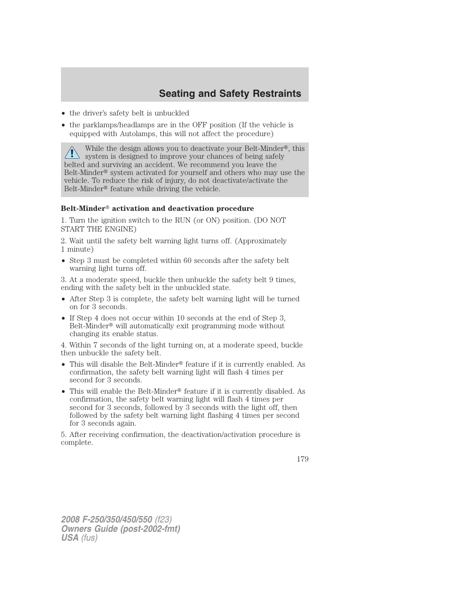 Seating and safety restraints | FORD 2008 F-550 v.3 User Manual | Page 179 / 392