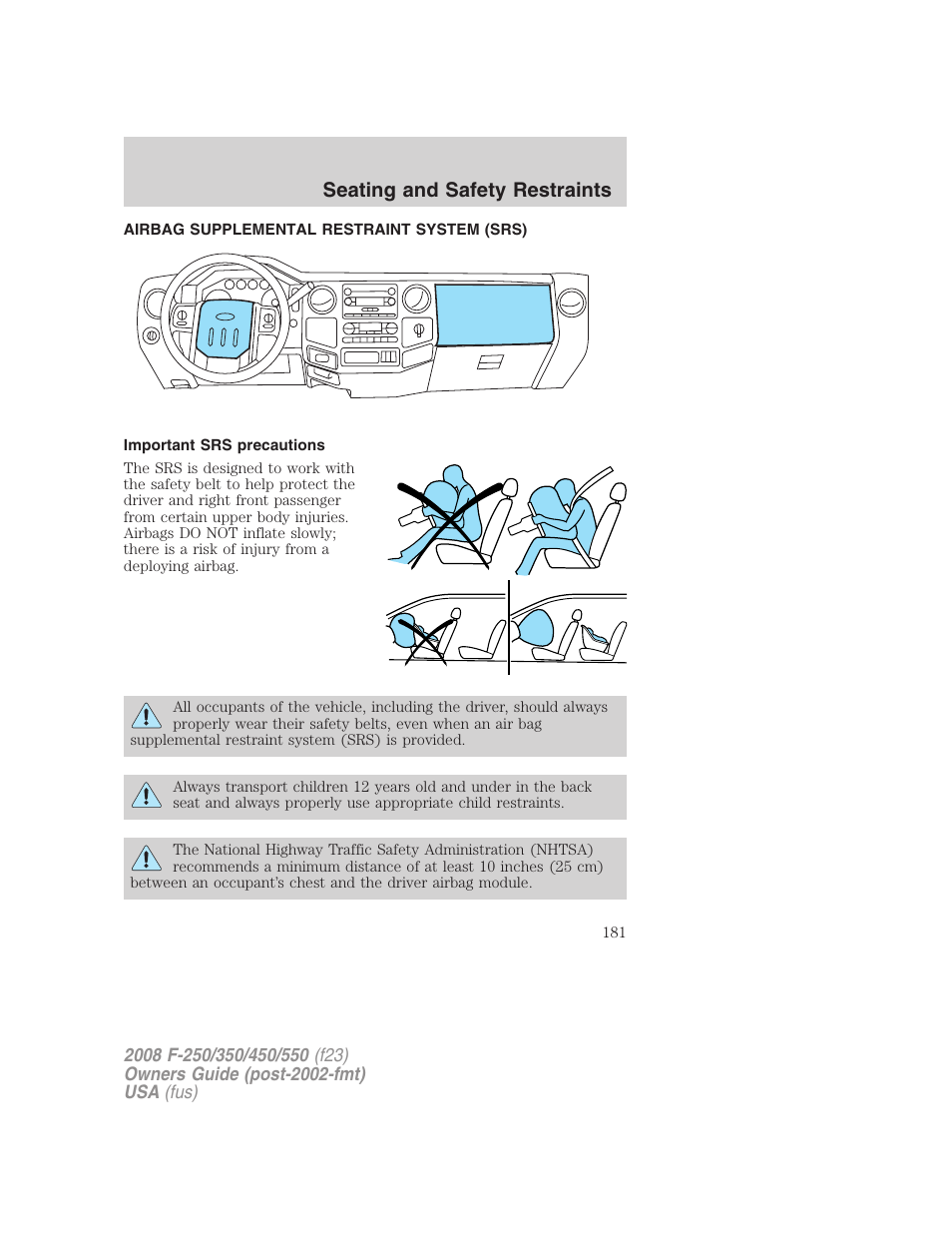 Airbag supplemental restraint system (srs), Important srs precautions, Airbags | Seating and safety restraints | FORD 2008 F-550 v.3 User Manual | Page 181 / 392