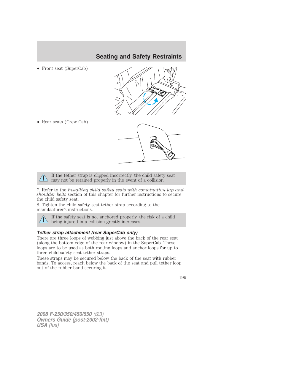 Tether strap attachment (rear supercab only), Seating and safety restraints | FORD 2008 F-550 v.3 User Manual | Page 199 / 392