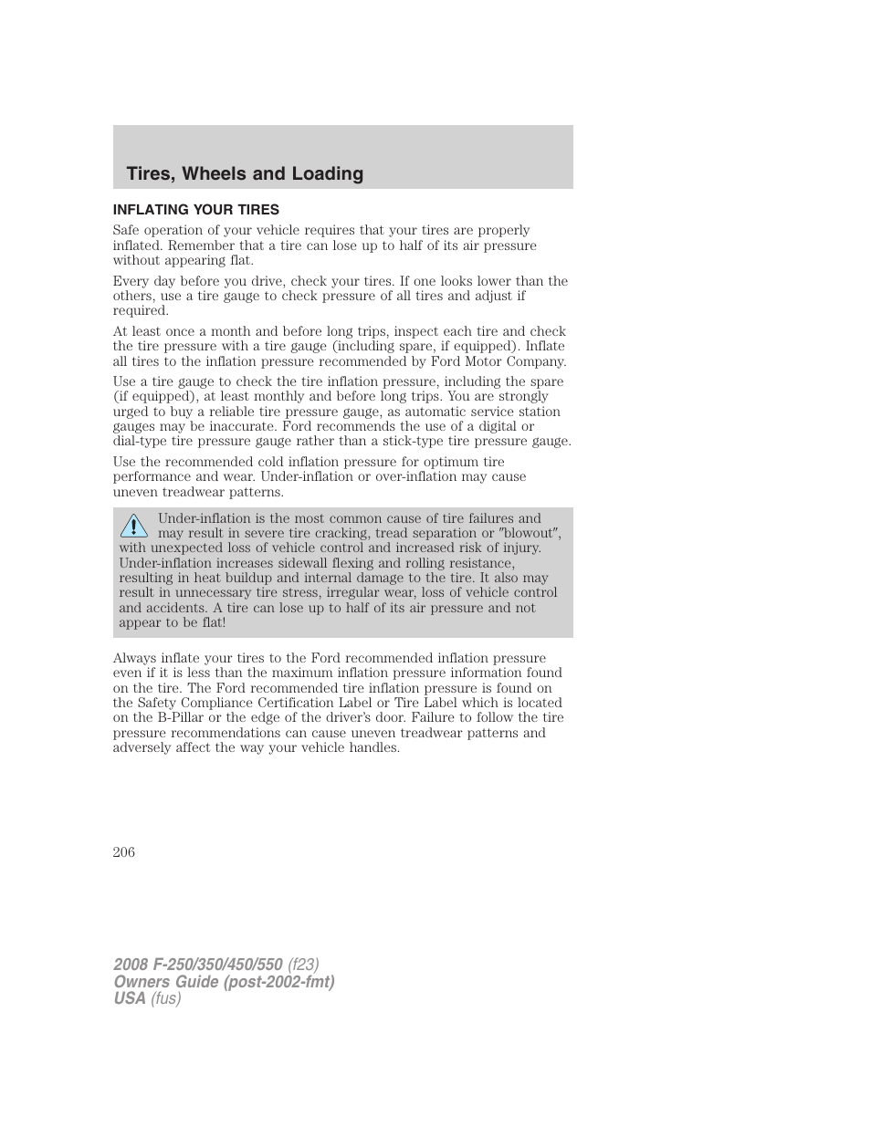 Inflating your tires, Tire inflation, Tires, wheels and loading | FORD 2008 F-550 v.3 User Manual | Page 206 / 392