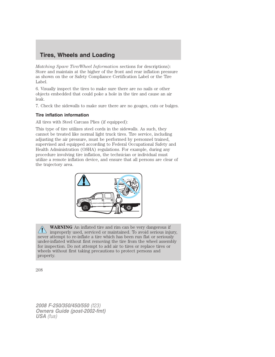 Tire inflation information, Tires, wheels and loading | FORD 2008 F-550 v.3 User Manual | Page 208 / 392