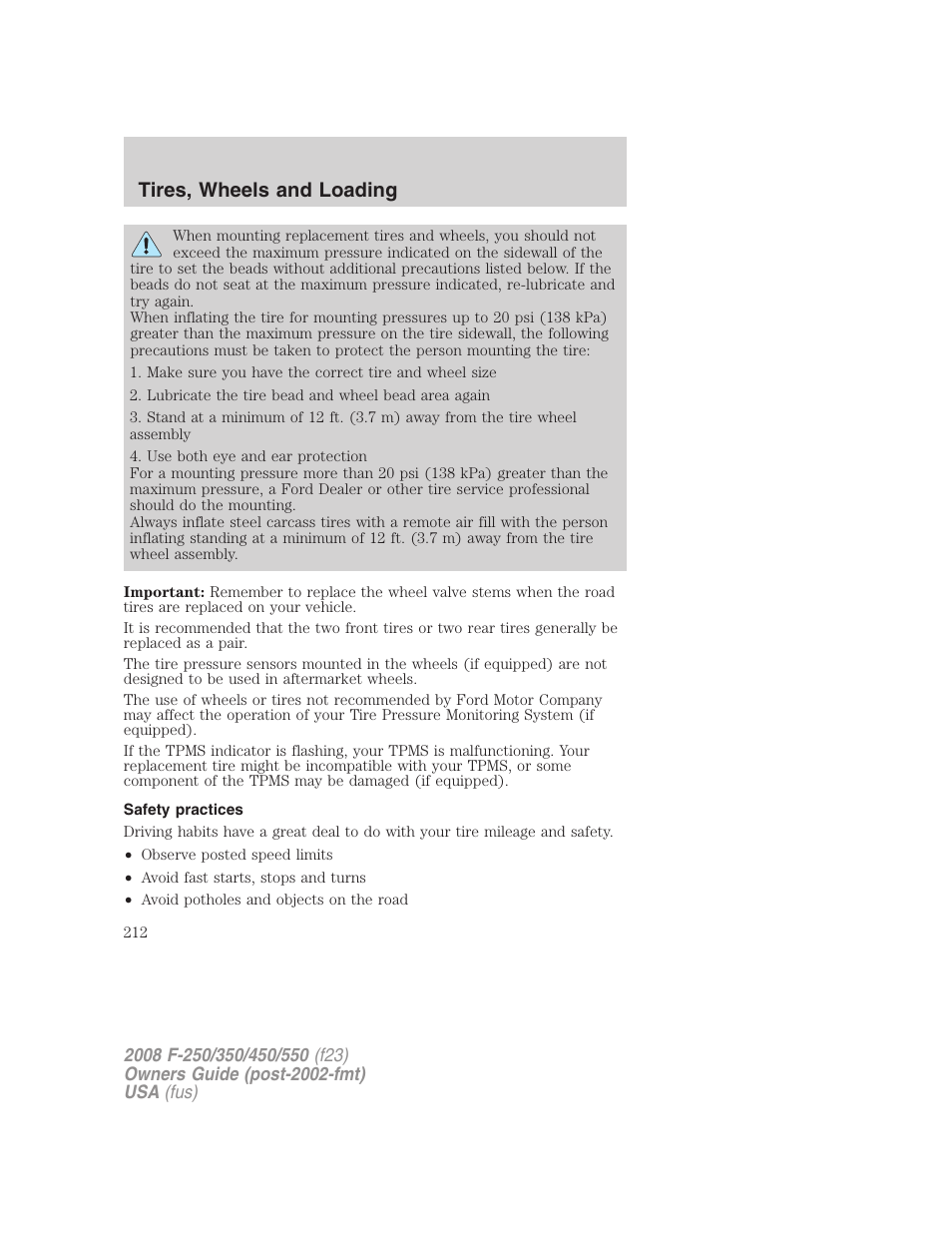 Safety practices, Tires, wheels and loading | FORD 2008 F-550 v.3 User Manual | Page 212 / 392