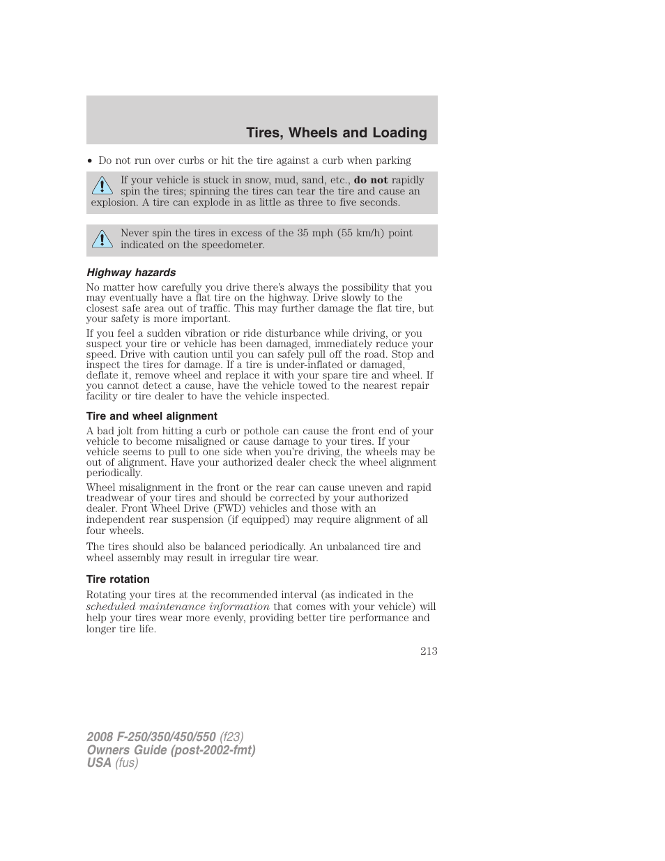 Highway hazards, Tire and wheel alignment, Tire rotation | Tires, wheels and loading | FORD 2008 F-550 v.3 User Manual | Page 213 / 392