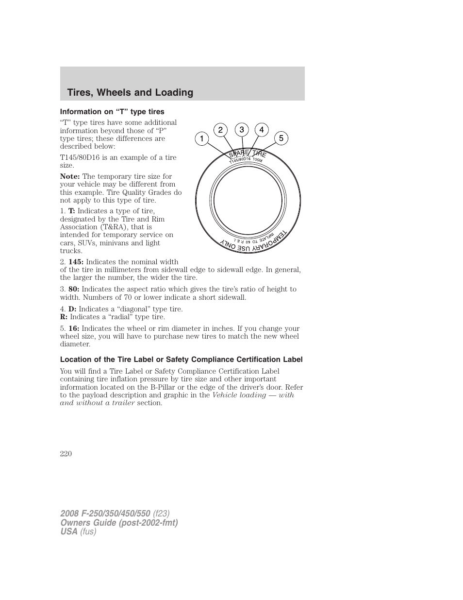 Information on “t” type tires, Tires, wheels and loading | FORD 2008 F-550 v.3 User Manual | Page 220 / 392