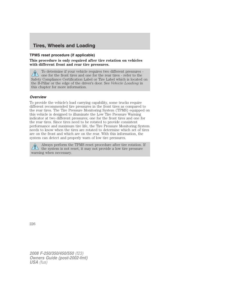 Tpms reset procedure (if applicable), Overview, Tires, wheels and loading | FORD 2008 F-550 v.3 User Manual | Page 226 / 392
