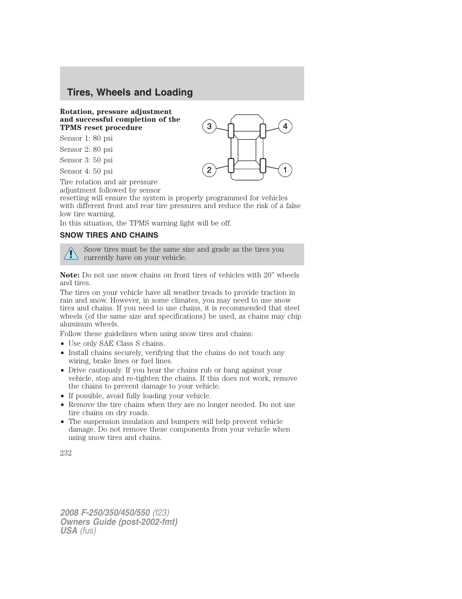 Snow tires and chains, Tires, wheels and loading | FORD 2008 F-550 v.3 User Manual | Page 232 / 392