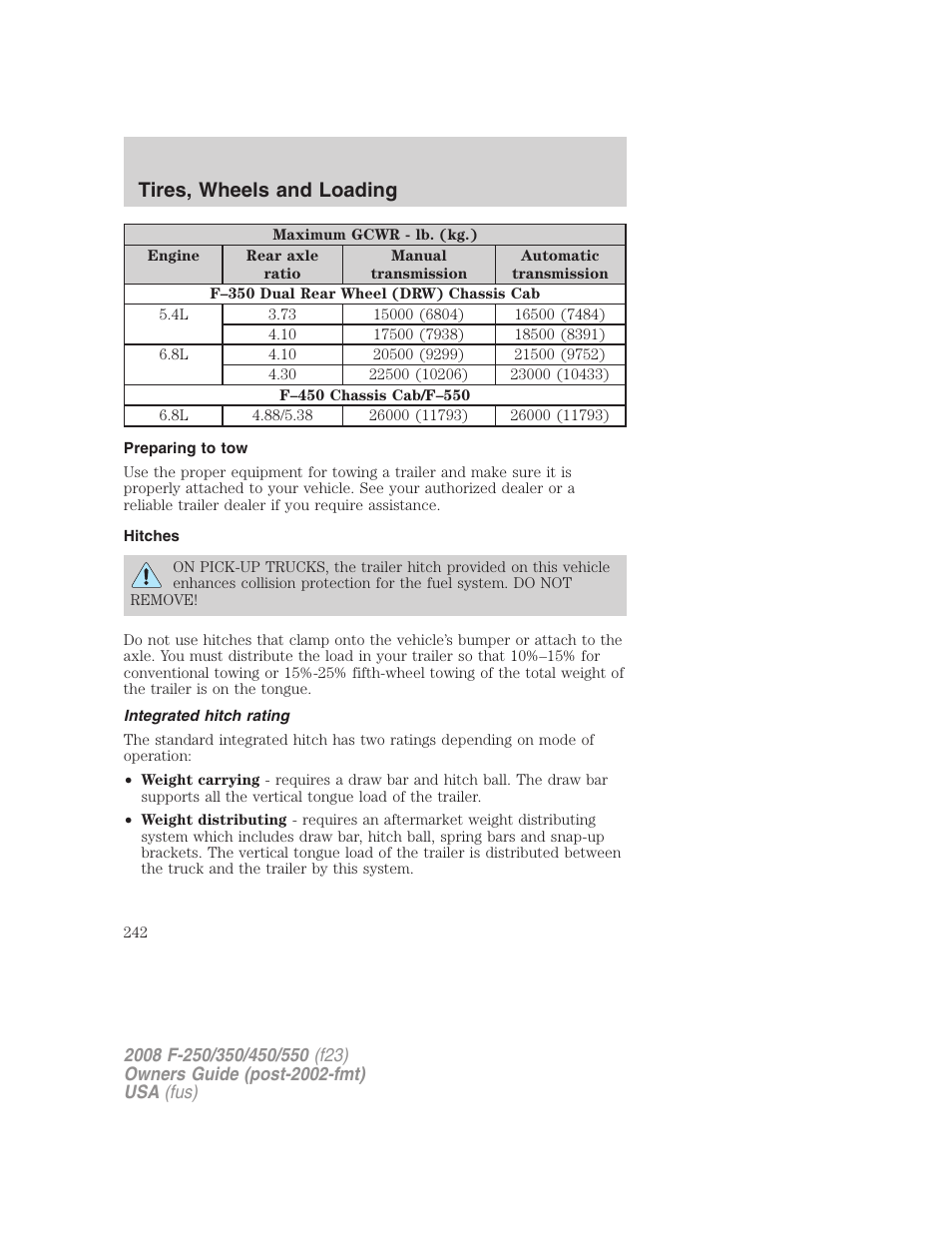 Preparing to tow, Hitches, Integrated hitch rating | Tires, wheels and loading | FORD 2008 F-550 v.3 User Manual | Page 242 / 392