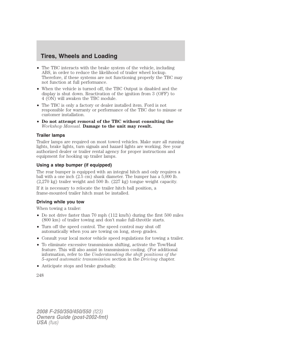 Trailer lamps, Using a step bumper (if equipped), Driving while you tow | Tires, wheels and loading | FORD 2008 F-550 v.3 User Manual | Page 248 / 392
