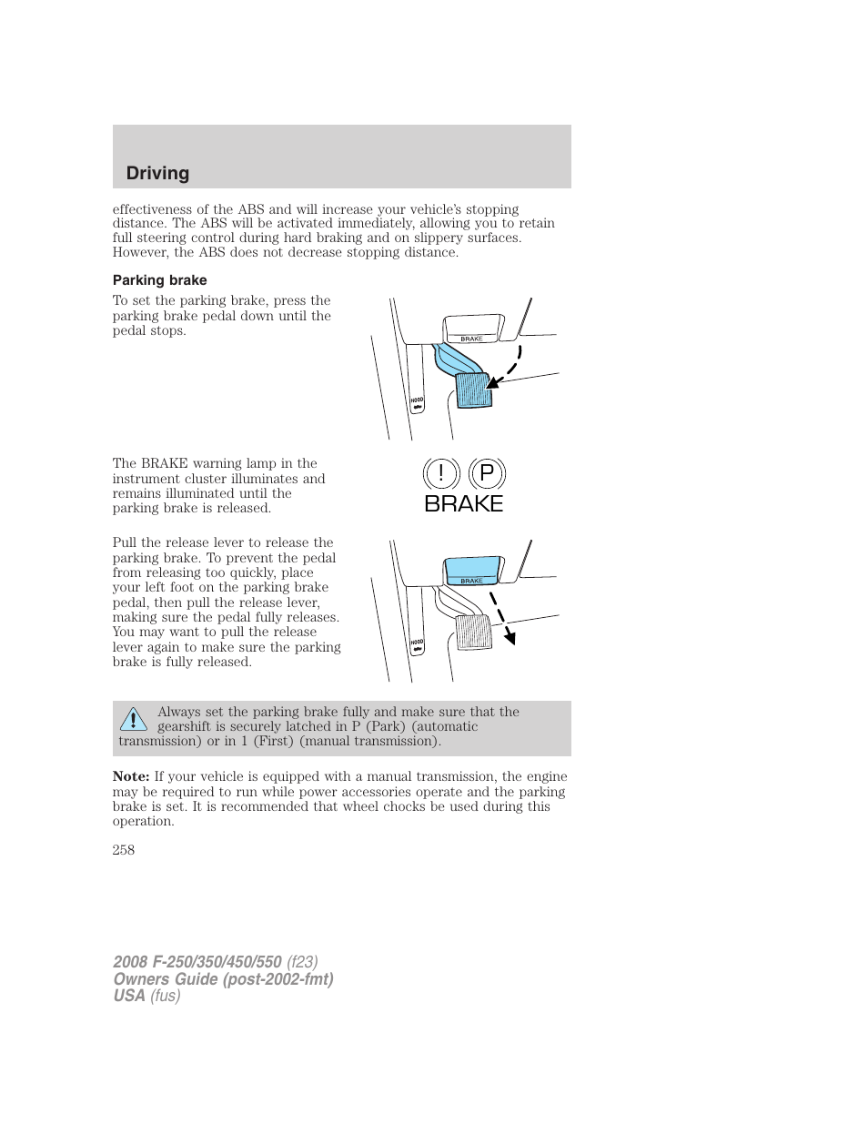 Parking brake, P! brake | FORD 2008 F-550 v.3 User Manual | Page 258 / 392