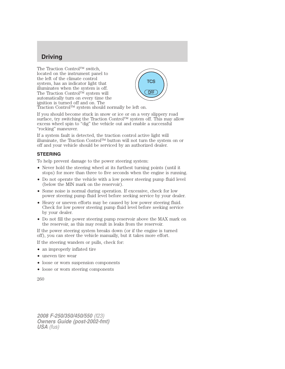 Steering, Driving | FORD 2008 F-550 v.3 User Manual | Page 260 / 392