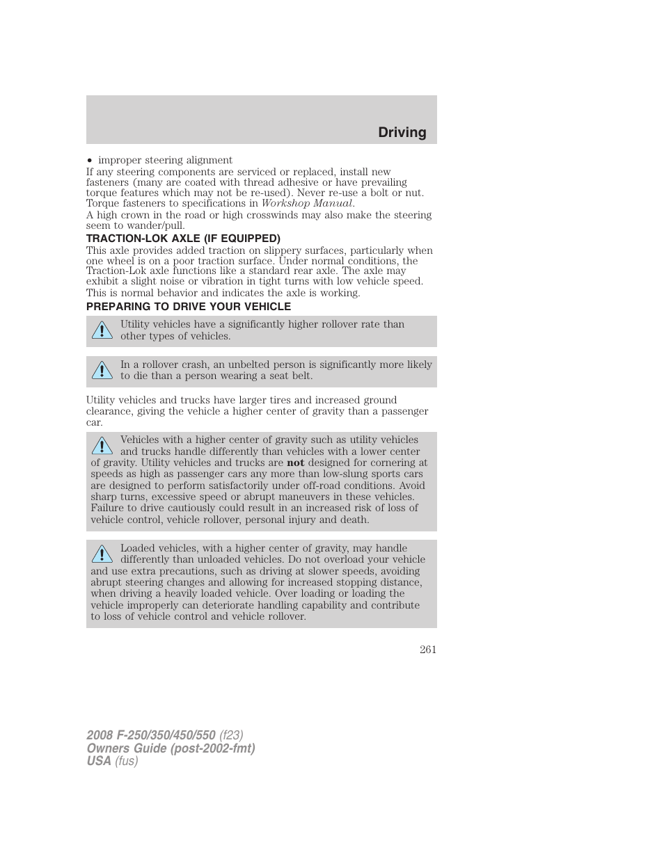 Traction-lok axle (if equipped), Preparing to drive your vehicle, Driving | FORD 2008 F-550 v.3 User Manual | Page 261 / 392