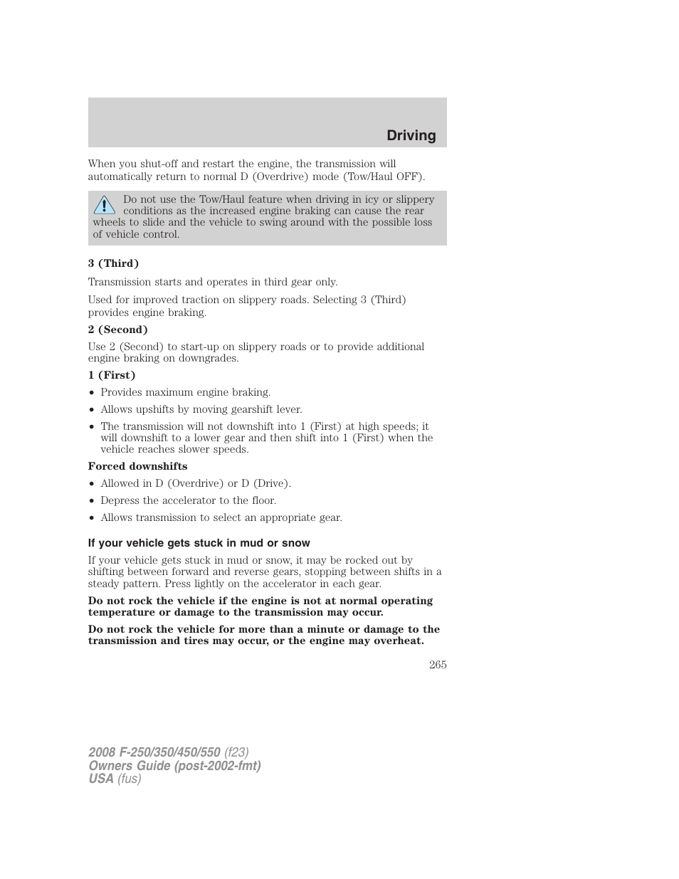 If your vehicle gets stuck in mud or snow, Driving | FORD 2008 F-550 v.3 User Manual | Page 265 / 392