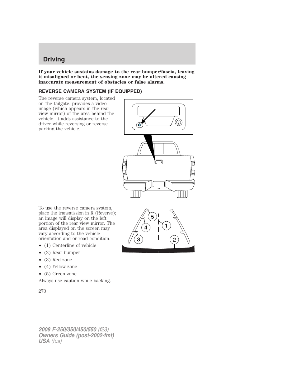 Reverse camera system (if equipped), Driving | FORD 2008 F-550 v.3 User Manual | Page 270 / 392