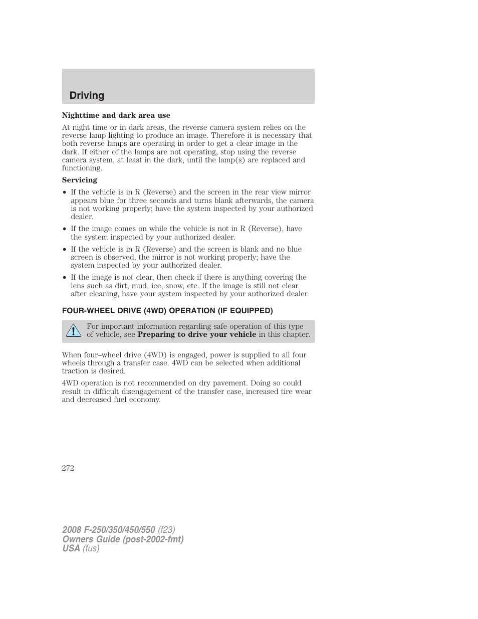 Four-wheel drive (4wd) operation (if equipped), Driving | FORD 2008 F-550 v.3 User Manual | Page 272 / 392