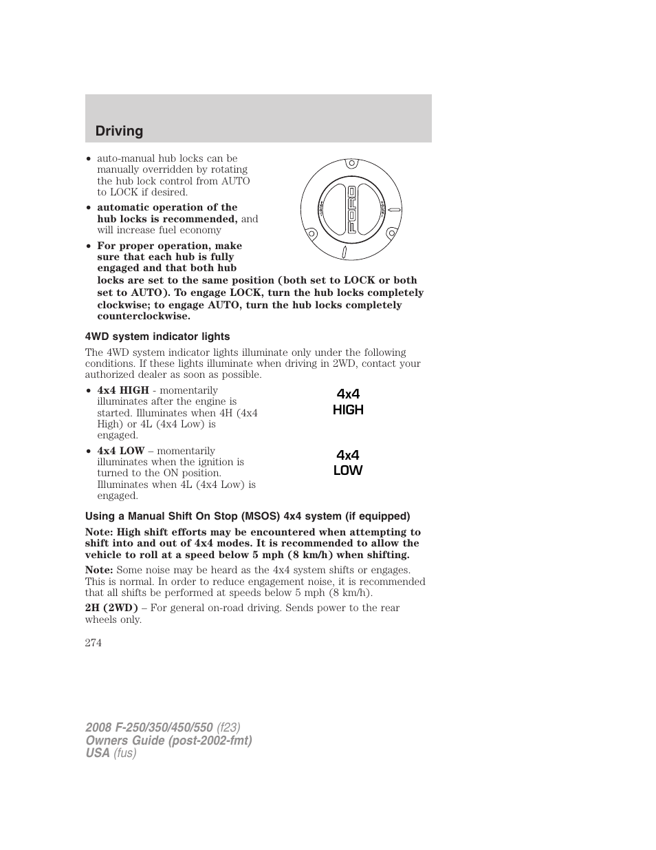 4wd system indicator lights, Driving | FORD 2008 F-550 v.3 User Manual | Page 274 / 392