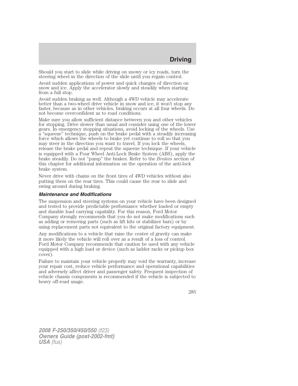 Maintenance and modifications, Driving | FORD 2008 F-550 v.3 User Manual | Page 285 / 392