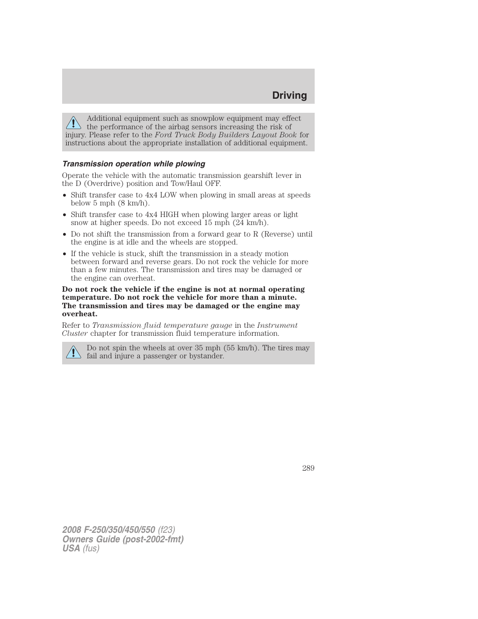Transmission operation while plowing, Driving | FORD 2008 F-550 v.3 User Manual | Page 289 / 392