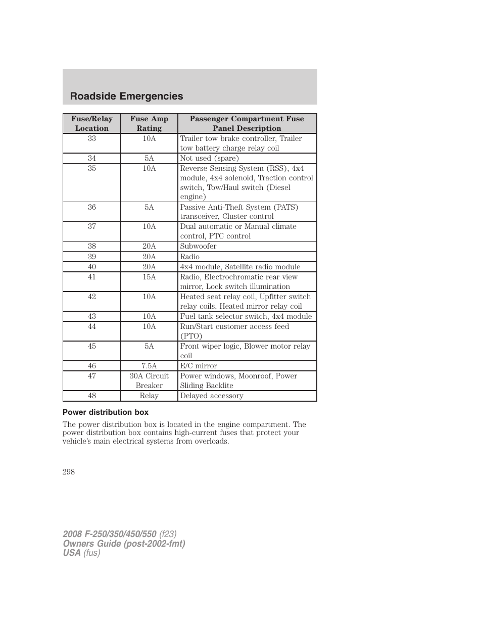 Power distribution box, Roadside emergencies | FORD 2008 F-550 v.3 User Manual | Page 298 / 392