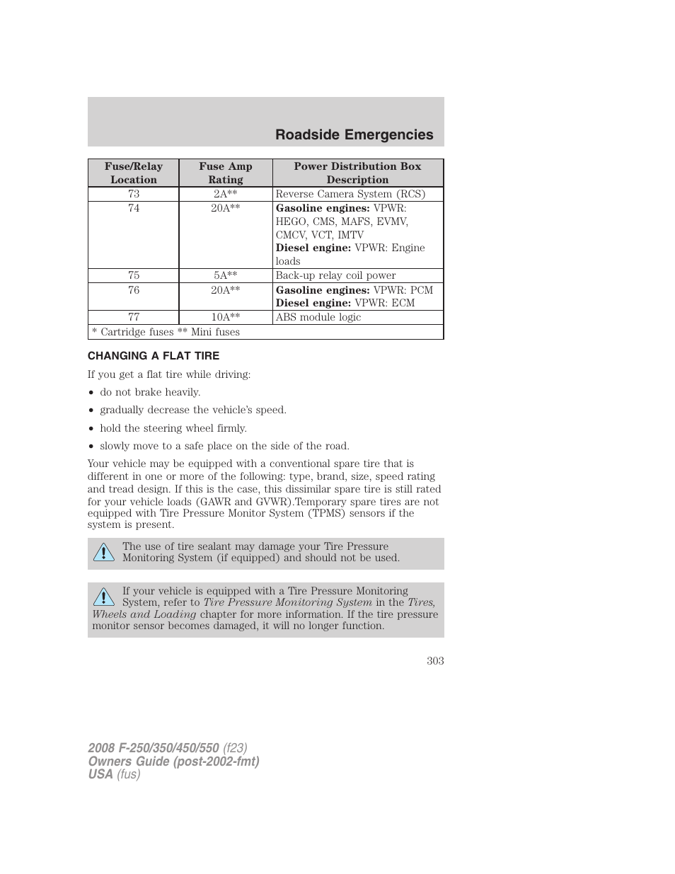Changing a flat tire, Changing tires, Roadside emergencies | FORD 2008 F-550 v.3 User Manual | Page 303 / 392