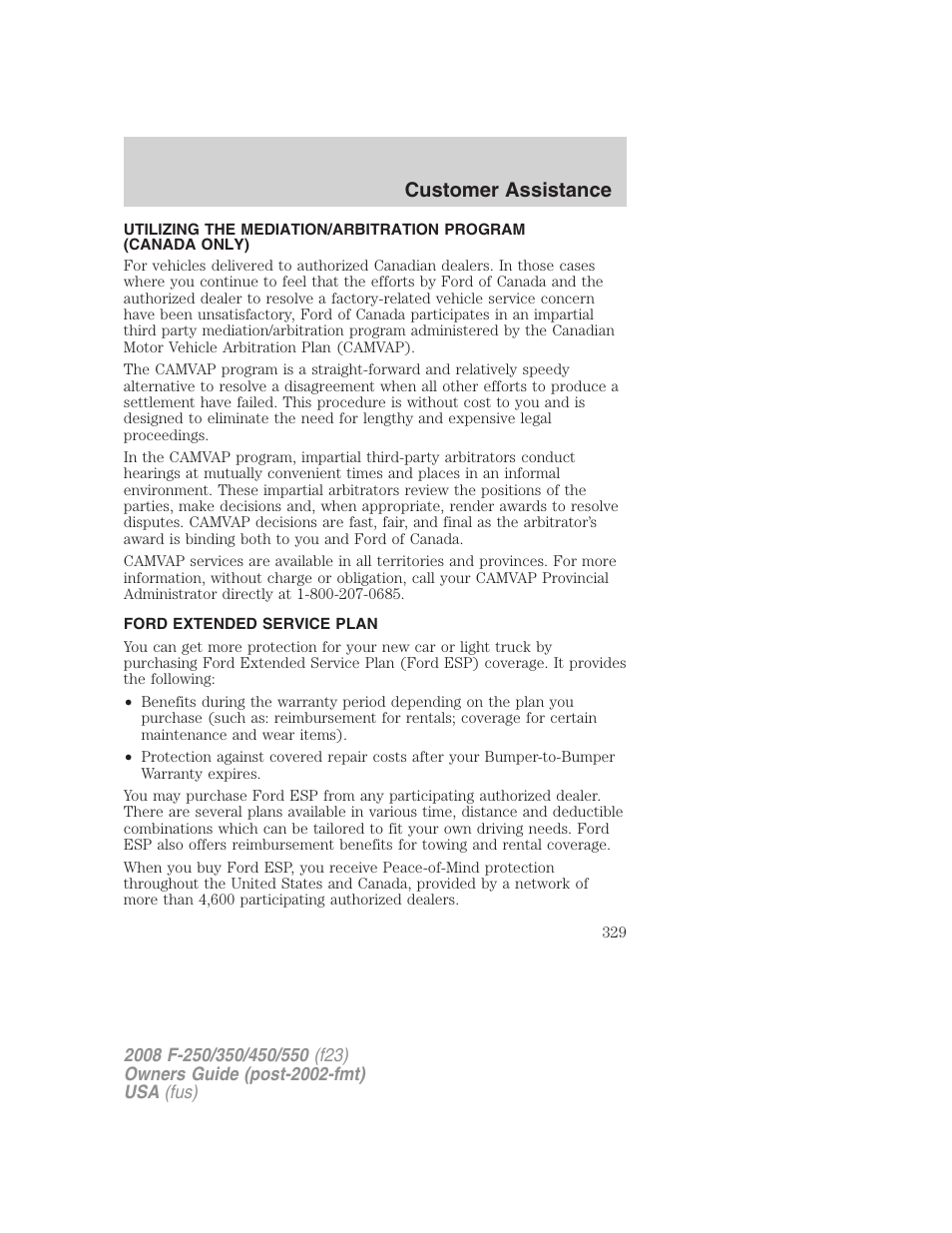 Ford extended service plan, Customer assistance | FORD 2008 F-550 v.3 User Manual | Page 329 / 392